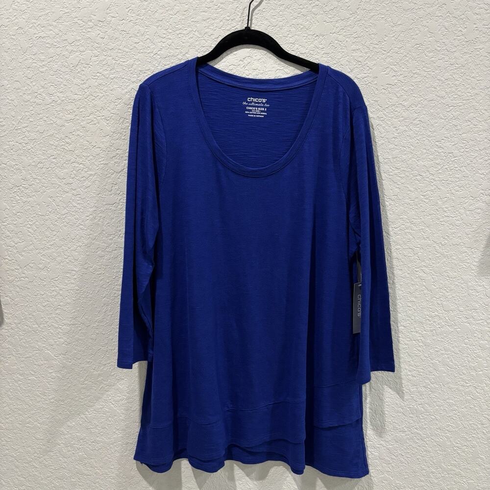 Chicos Ultimate Tee Size 2 L Blue Modal Cotton Tunic 3/4 Sleeve Top NWT